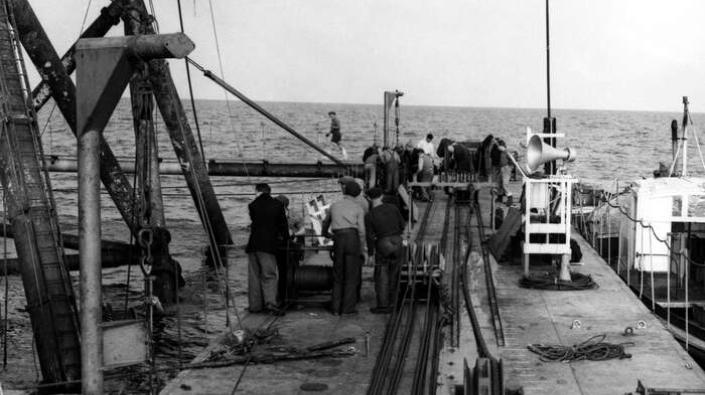 Pontoon deck of sea boring tower in the Forth, 1955
