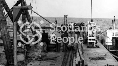 Pontoon deck of sea boring tower in the Forth, 1955 Pontoon deck of sea boring tower in the Forth, 1955
