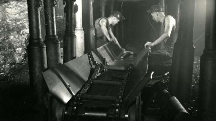 Men beside conveyor at Wellesley Colliery, Fife, 1950s-1960s