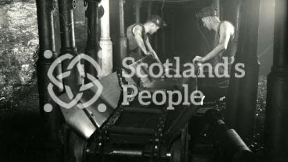 Men beside conveyor at Wellesley Colliery, Fife, 1950s-1960s Men beside conveyor at Wellesley Colliery, Fife, 1950s-1960s