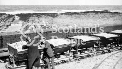 Wagons filled with concrete materials at Gardenstown Harbour, 1913 Wagons filled with concrete materials at Gardenstown Harbour, 1913
