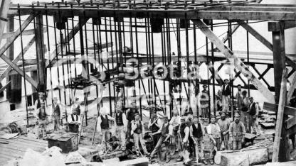 Workers by Forth Bridge pier during construction, 1884 Workers by Forth Bridge pier during construction, 1884