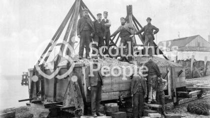 Forth Bridge workers on mooring block, 1885 Forth Bridge workers on mooring block, 1885