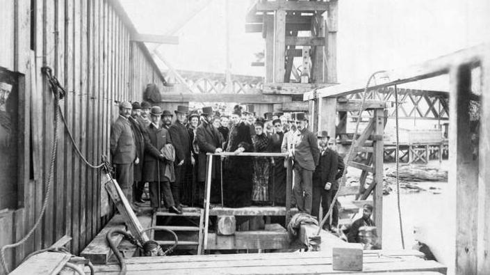 Launching No.6 caisson of Forth Bridge, 1885