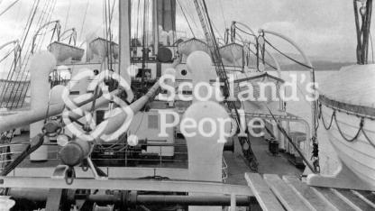 Cunard Line ocean liner RMS Saxonia (1), 1899 view over the lifeboat deck towards the middle mast Cunard Line ocean liner RMS Saxonia (1), 1899 view over the lifeboat deck towards the middle mast