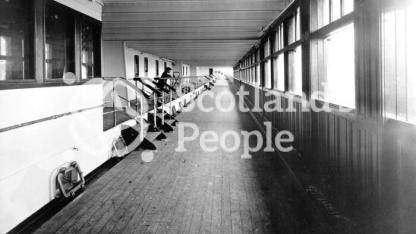 Cunard Line ocean liner RMS Aquitania: view of the 1st Class Promenade B Deck looking aft, 1913 Cunard Line ocean liner RMS Aquitania: view of the 1st Class Promenade B Deck looking aft, 1913