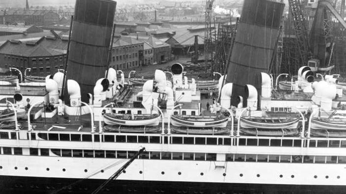 Cunard Line ocean liner RMS Aquitania: view of the decks amidships