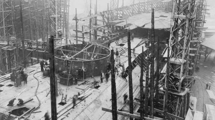 Hull of HMS Repulse, Royal Navy Reknown-Class Battlecruiser under construction, 22nd September 1915