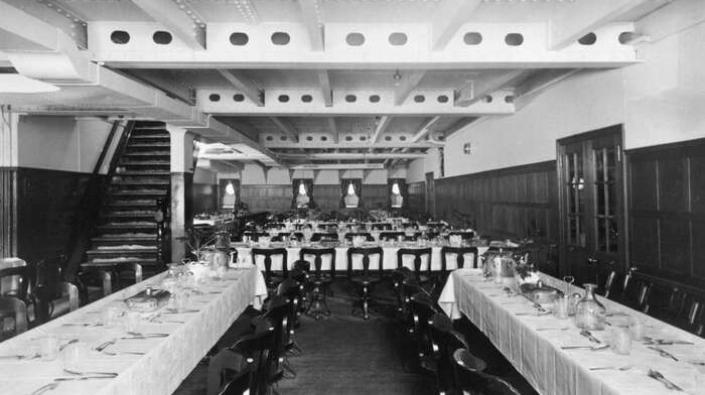 Third Class Dining Saloon \"D\" deck looking to port-side on the Canadian Pacific Line liners SS Montcalm & SS Montclare