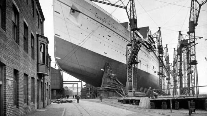 The Canadian Pacific Line ocean liner the RMS Empress of Britain on stocks showing the forward poppets