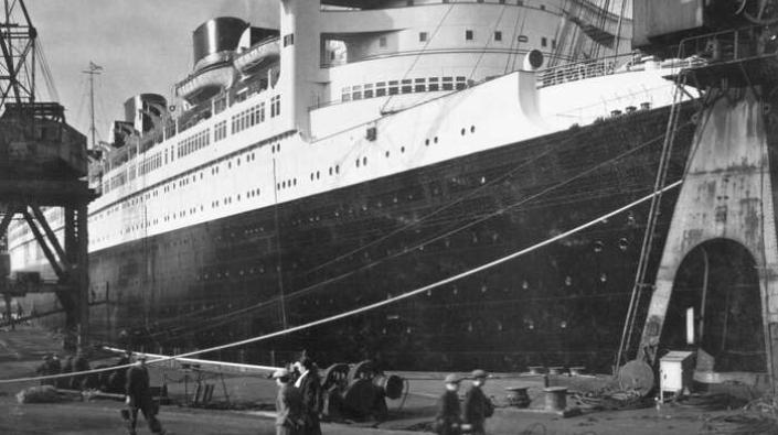 The Starboard Side of the Cunard Line ocean liner RMS Queen Mary
