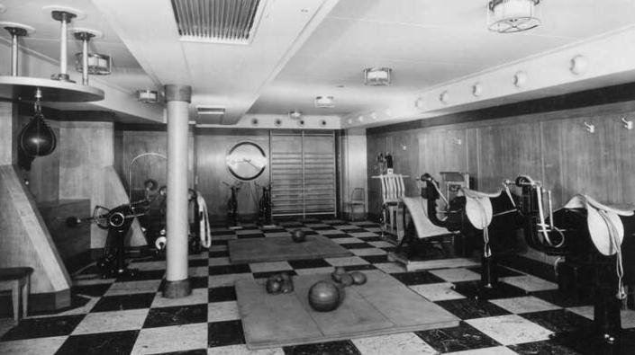 The Tourist Gymnasium looking aft on board the Cunard Line ocean liner RMS Queen Mary