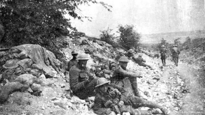 Soldiers of East Surrey Regiment bivouacking during the battle for Bazentin on the Somme, 1916