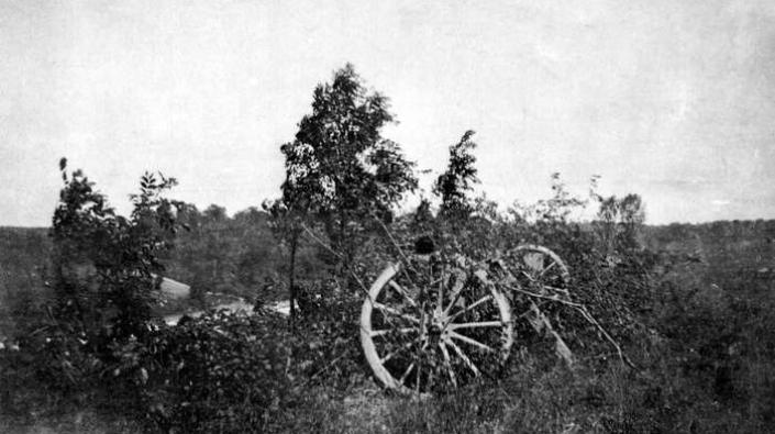 Dummy gun near trench 75, Billon Wood, Somme battlefield