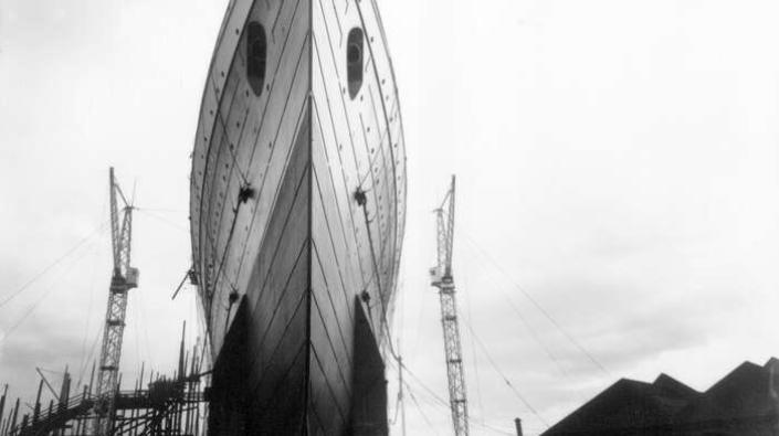 The bow of the Cunard Line ocean liner RMS Lusitania on the slipway of John Brown & Co Ltd, Clydebank
