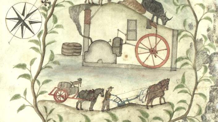 Vignette of distilling and farming, 1798