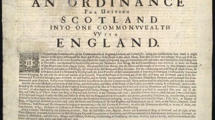 Proclamation decree by Oliver Cromwell uniting Scotland and England into one Commonwealth