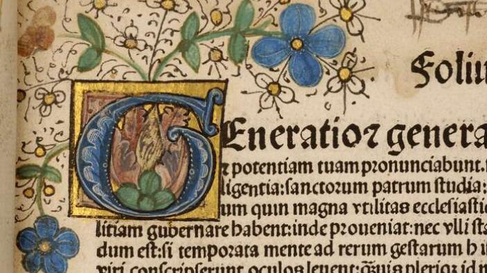 Hand decorated illumination on fifteenth century printed book