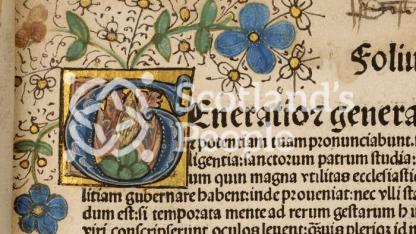 Hand decorated illumination on fifteenth century printed book Hand decorated illumination on fifteenth century printed book
