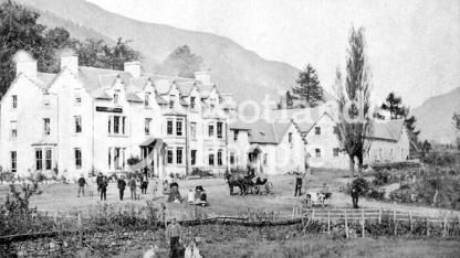 A mid-Victorian view of the hotel at Lochearnhead with staff in gardens A mid-Victorian view of the hotel at Lochearnhead with staff in gardens