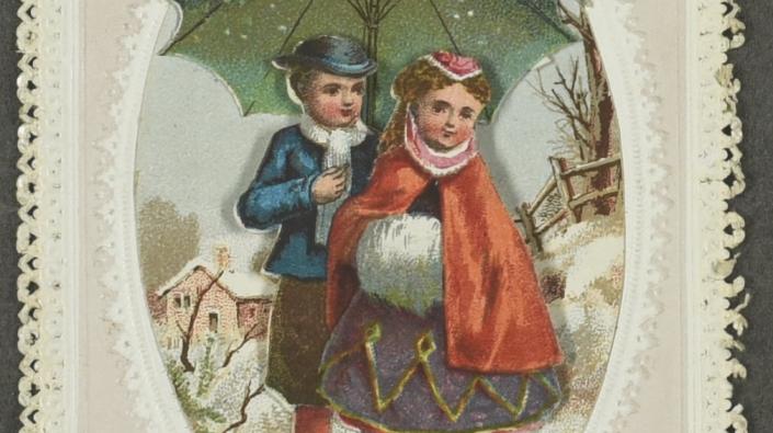 New Years greetings card depicting a couple in a wintery scene