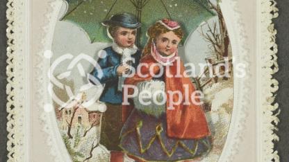 New Years greetings card depicting a couple in a wintery scene