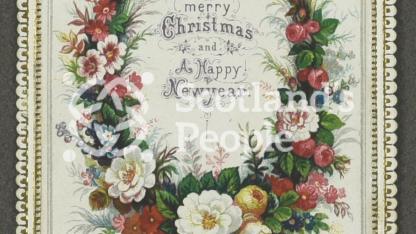 Christmas greetings card depicting a floral wreath