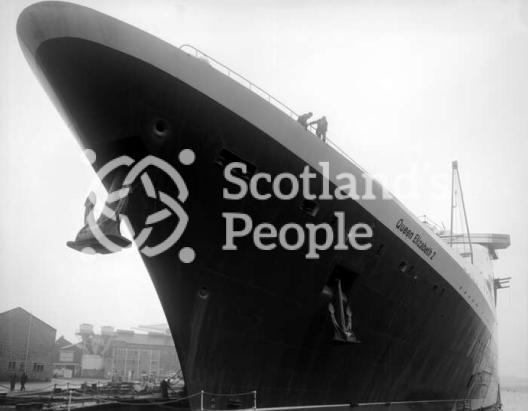 Bow and anchors of RMS Queen Elizabeth 2, Clydebank, 1968