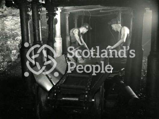Men beside conveyor at Wellesley Colliery, Fife, 1950s-1960s Men beside conveyor at Wellesley Colliery, Fife, 1950s-1960s