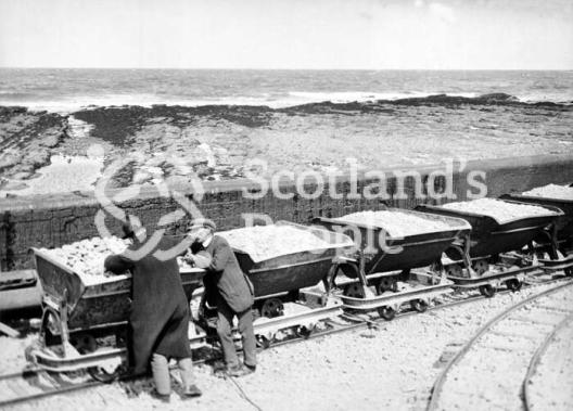 Wagons filled with concrete materials at Gardenstown Harbour, 1913 Wagons filled with concrete materials at Gardenstown Harbour, 1913