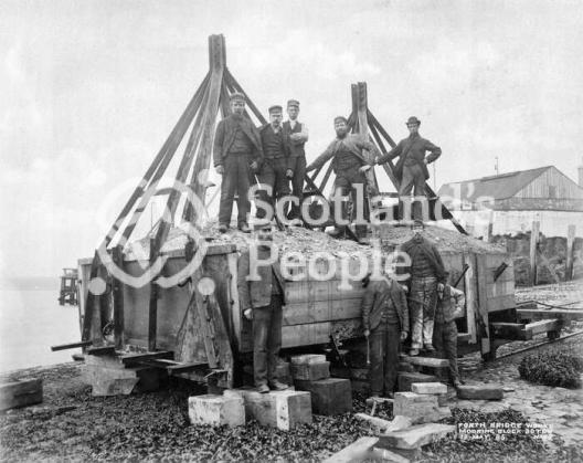 Forth Bridge workers on mooring block, 1885 Forth Bridge workers on mooring block, 1885