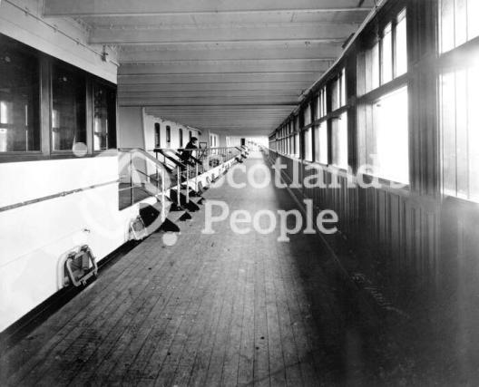 Cunard Line ocean liner RMS Aquitania: view of the 1st Class Promenade B Deck looking aft, 1913 Cunard Line ocean liner RMS Aquitania: view of the 1st Class Promenade B Deck looking aft, 1913