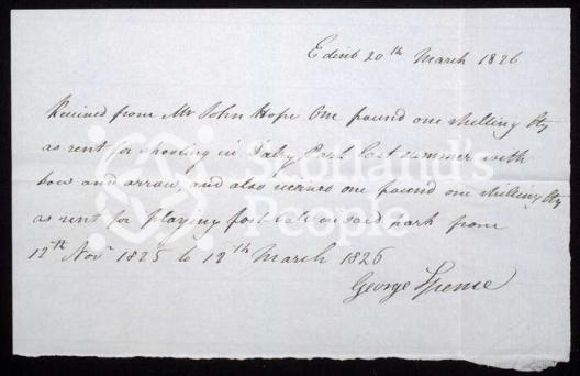 Receipt for payment for playing football in Dalry Park in Edinburgh, 1826 Receipt for payment for playing football in Dalry Park in Edinburgh, 1826