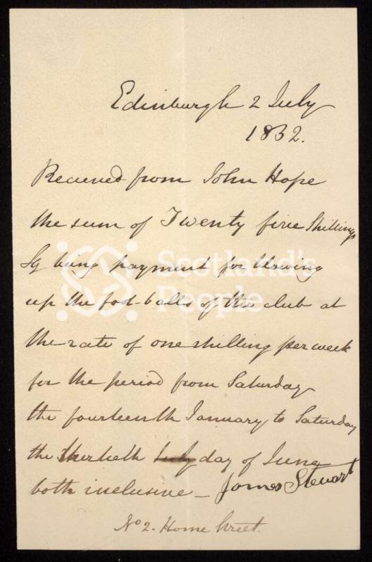 Receipt for payment for blowing up footballs, Edinburgh, 1832 Receipt for payment for blowing up footballs, Edinburgh, 1832