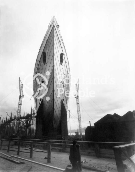 The bow of the Cunard Line ocean liner RMS Lusitania on the slipway of John Brown & Co Ltd, Clydebank The bow of the Cunard Line ocean liner RMS Lusitania on the slipway of John Brown & Co Ltd, Clydebank