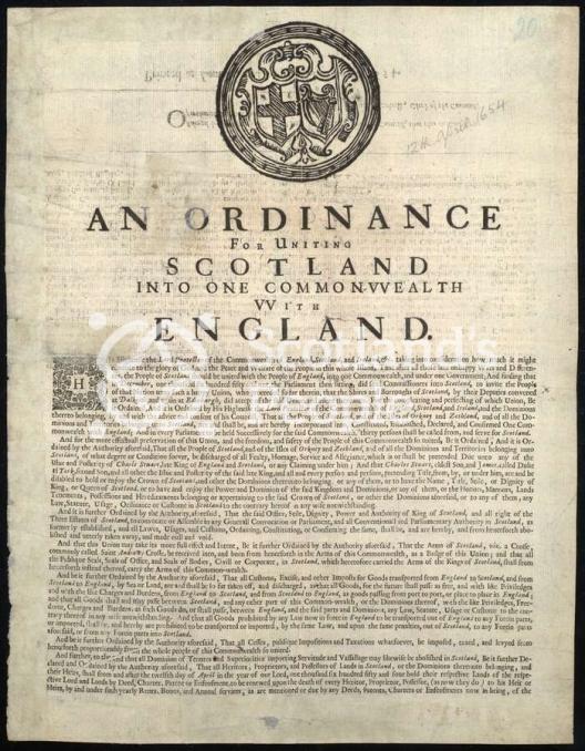 Proclamation decree by Oliver Cromwell uniting Scotland and England into one Commonwealth Proclamation decree by Oliver Cromwell uniting Scotland and England into one Commonwealth
