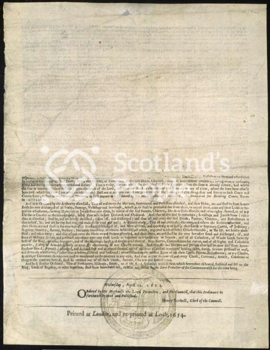 Proclamation decree by Oliver Cromwell uniting Scotland and England into one Commonwealth Proclamation decree by Oliver Cromwell uniting Scotland and England into one Commonwealth