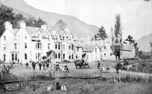 A mid-Victorian view of the hotel at Lochearnhead with staff in gardens A mid-Victorian view of the hotel at Lochearnhead with staff in gardens