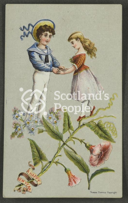 New Years greetings card depicting a sailor and a girl