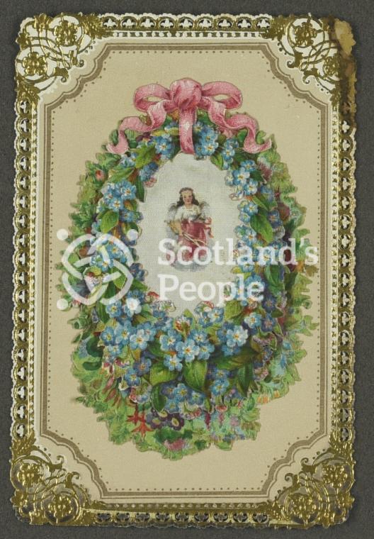 Christmas greetings card depicting a floral wreath and angel