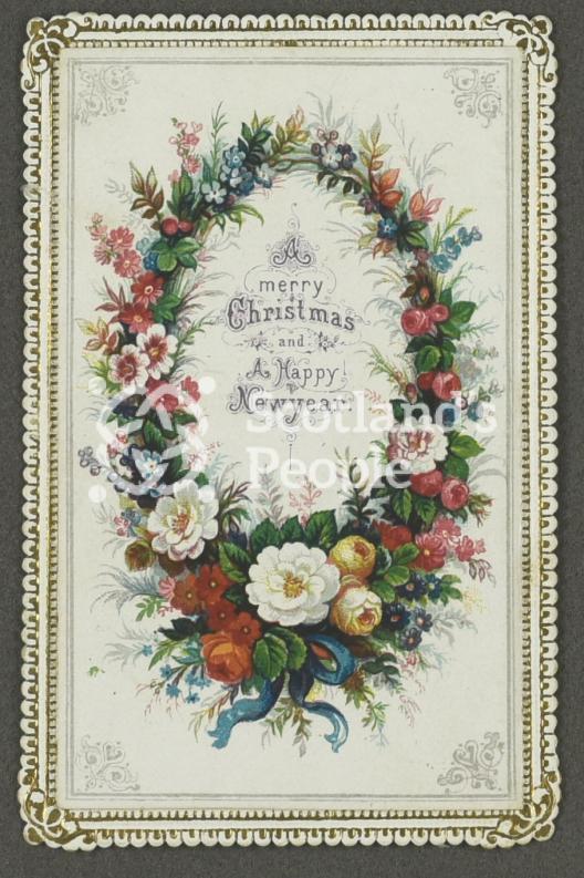 Christmas greetings card depicting a floral wreath