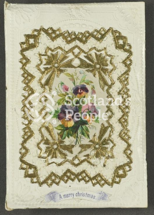 Christmas greetings card depicting pansies