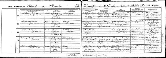 Page from 1855 statutory register of births