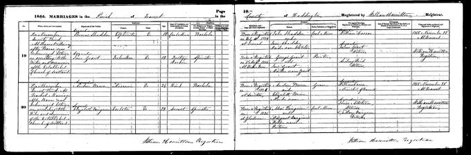 Double page from 1855 statutory register of marriages
