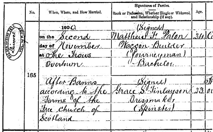 Detail from statutory marriage record with RCE