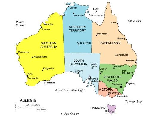 Map of Australia showing states and territories