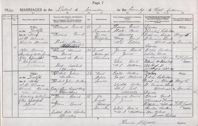 The Baird sister's wedding entries, 12th May 1944. National Records of Scotland, Statutory Register of Marriages, 1944, 663/2 13 page 7