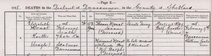 The death entry of Elizabeth Mouat, 6th February 1918.