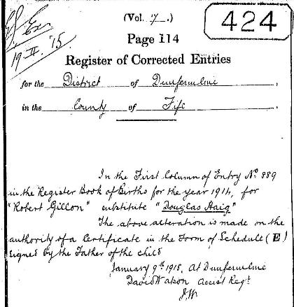 Register of Corrected Entries altering Robert Gillon Burnett's name