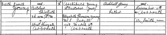 Birth entry for Edith Cavell Young, 30 October 1915